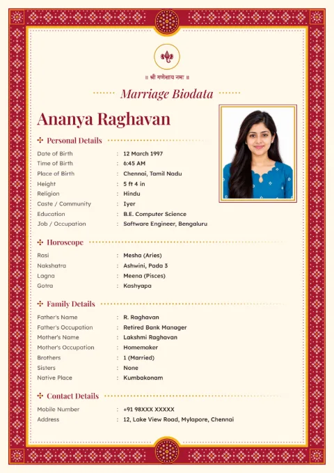 Bandhani Dots marriage biodata design in Kumkum Red, with a photo