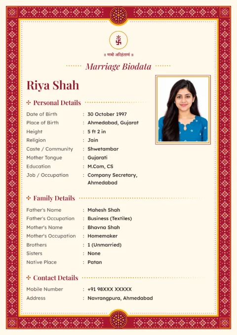 Bandhani Dots marriage biodata design in Kumkum Red, for Jain families, with a photo