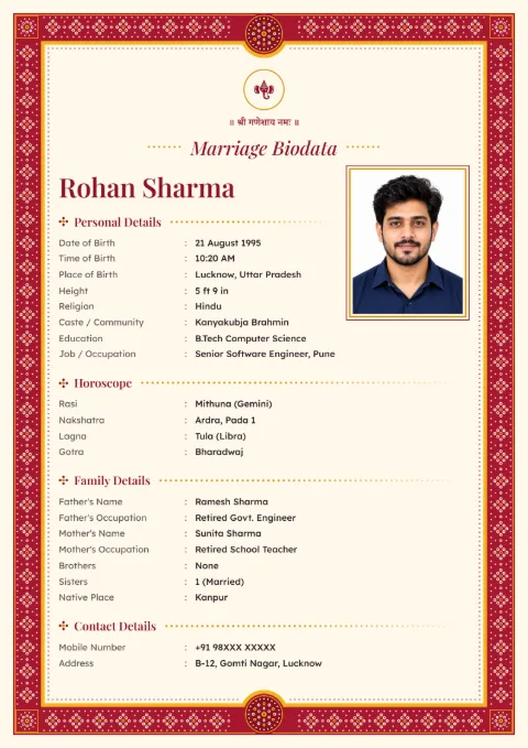 Bandhani Dots marriage biodata design in Kumkum Red, with a photo