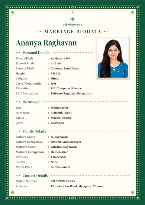 Beaded Hairline South Indian marriage biodata design in Emerald Pearl, with a photo