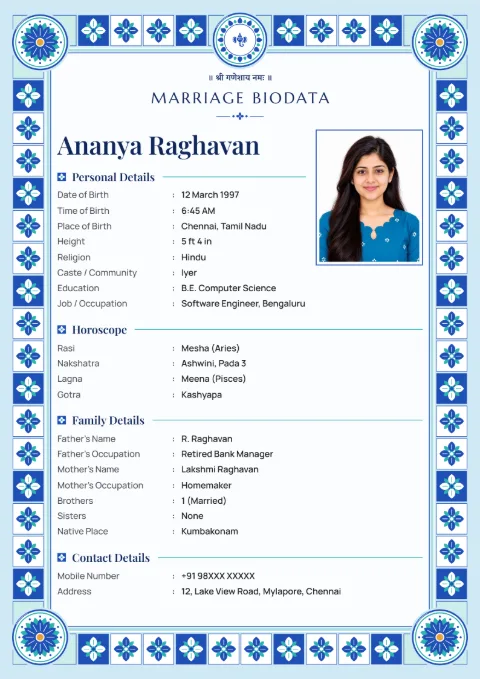 Blue Pottery modern marriage biodata design in Cobalt Firoza, with a photo