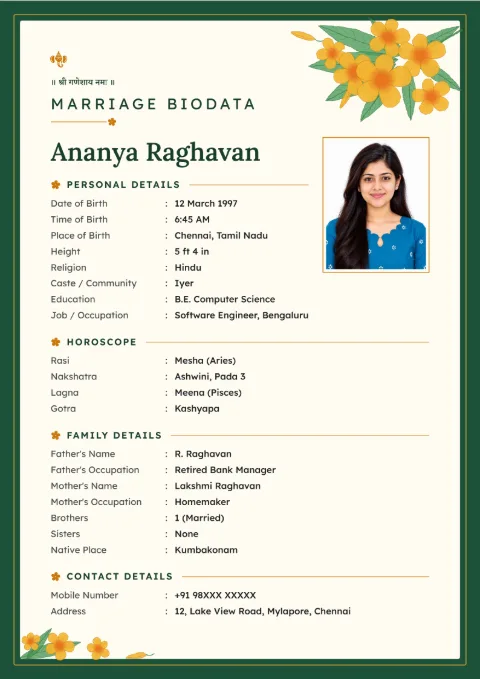 Champa Corner floral and South Indian marriage biodata design in Gold Green, with a photo