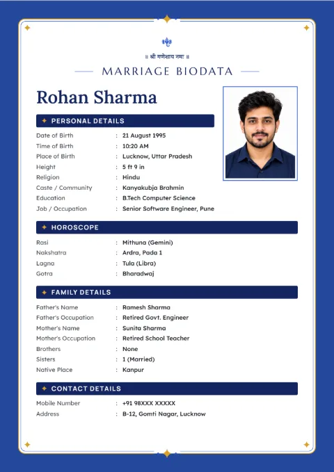 Champagne Frame modern marriage biodata design in Sapphire Gold, with a photo
