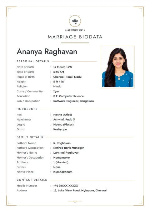 Charcoal Clean modern marriage biodata design in Charcoal Gold, with a photo
