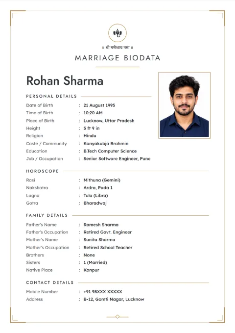 Charcoal Clean modern marriage biodata design in Charcoal Gold, with a photo