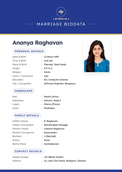 Classic Band modern marriage biodata design in Royal Blue, with a photo