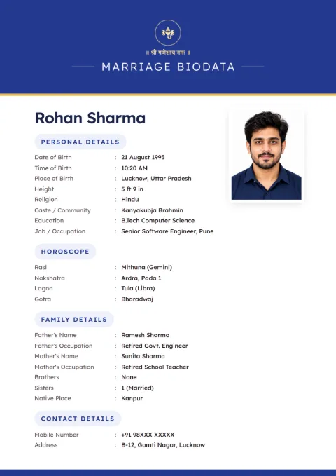 Classic Band modern marriage biodata design in Royal Blue, with a photo