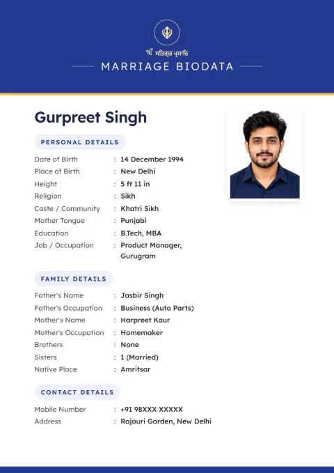 Classic Band modern marriage biodata design in Royal Blue, for Sikh families, with a photo