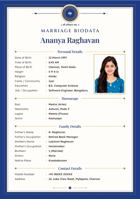 Crest Seal modern marriage biodata design in Royal Blue Gold, with a photo