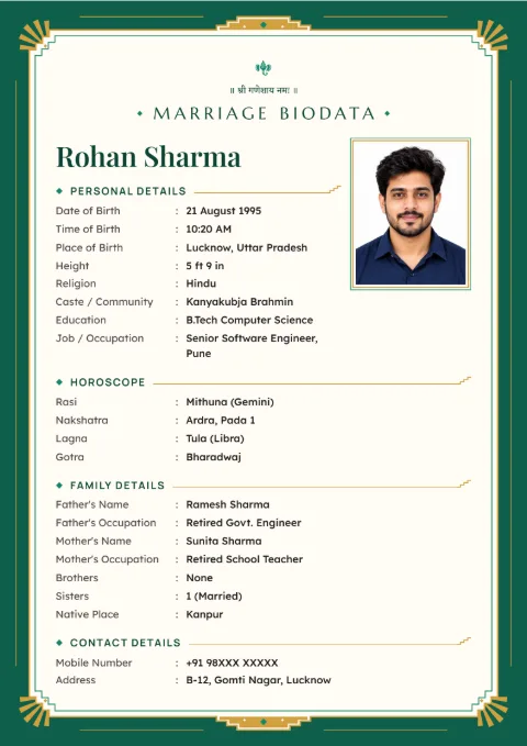 Deco Corners modern marriage biodata design in Emerald Gold, with a photo