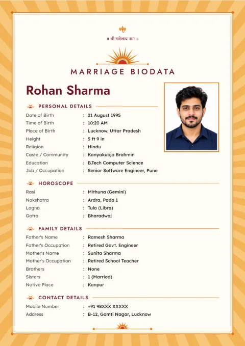 Deco Sunburst modern marriage biodata design in Saffron Maroon, with a photo
