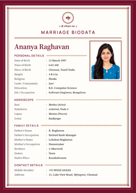 Double Rule modern marriage biodata design in Ruby Gold, with a photo