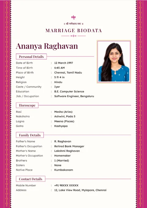 Edge Ribbon marriage biodata design in Rani Gold, with a photo