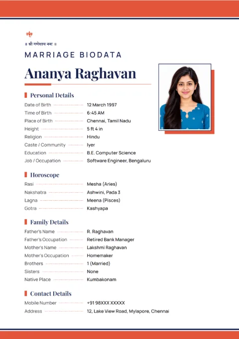 Editorial Serif modern marriage biodata design in Navy Coral, with a photo