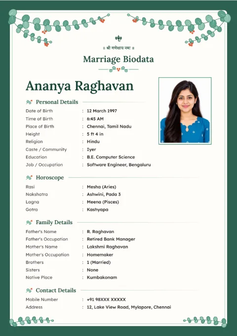 Eucalyptus Sprig floral and modern marriage biodata design in Emerald Coral, with a photo