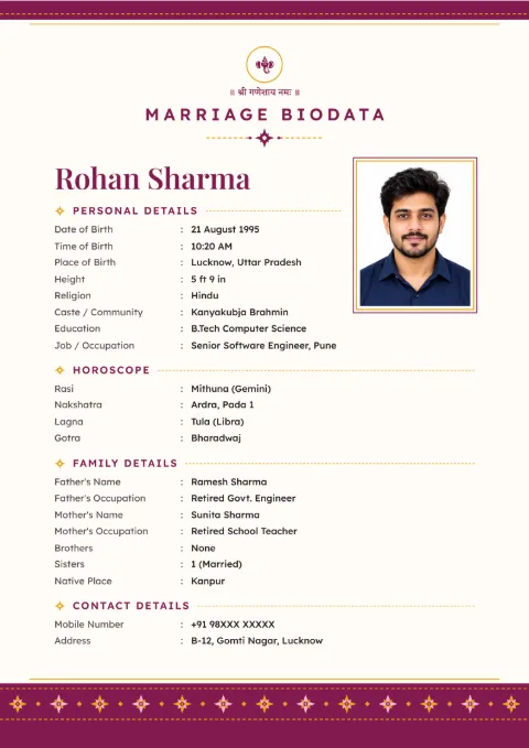 Footer Band modern marriage biodata design in Phulkari Magenta, with a photo