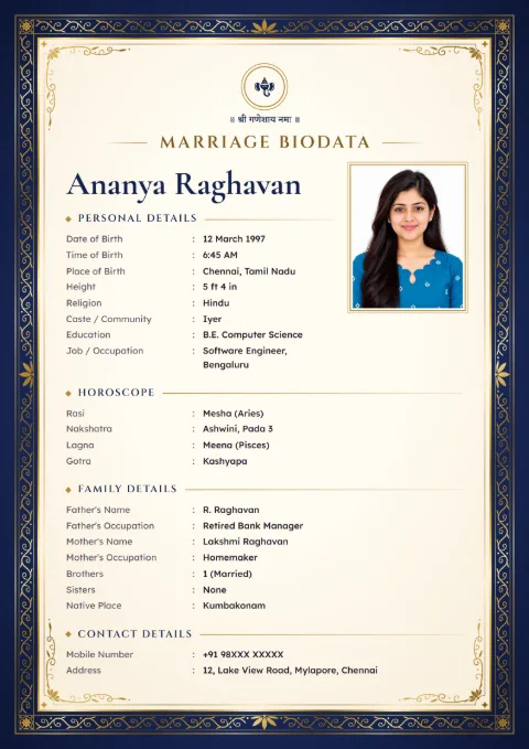 Gold Foil Royal marriage biodata design in Midnight Navy, with a photo