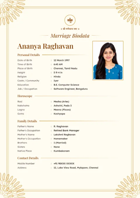 Golden Mandala marriage biodata design in Gold, with a photo