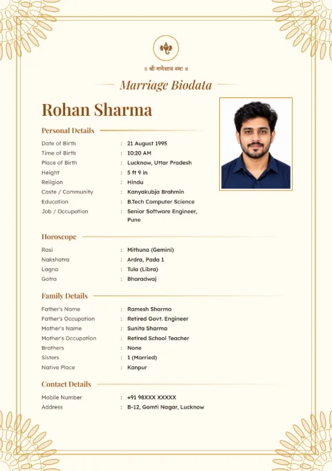 Golden Mandala marriage biodata design in Gold, with a photo