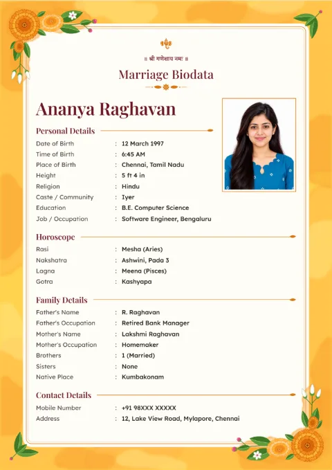 Haldi Watercolour floral marriage biodata design in Haldi Yellow, with a photo