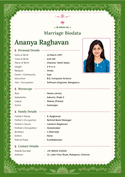 Henna Vine floral marriage biodata design in Mehendi Green, with a photo