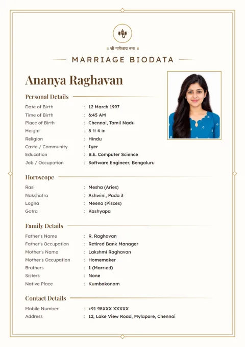 Ivory Line marriage biodata design in Gold, with a photo