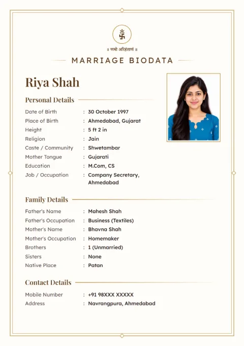 Ivory Line marriage biodata design in Gold, for Jain families, with a photo