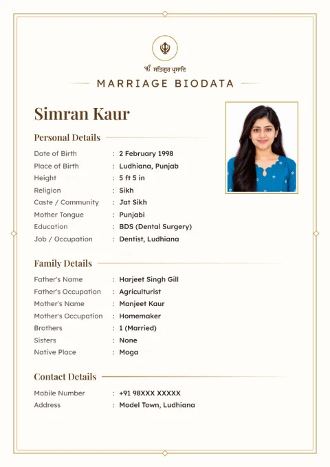 Ivory Line marriage biodata design in Gold, for Sikh families, with a photo