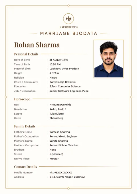 Ivory Line marriage biodata design in Gold, with a photo