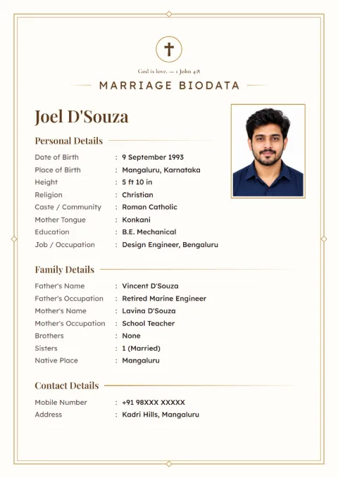 Ivory Line marriage biodata design in Gold, for Christian families, with a photo