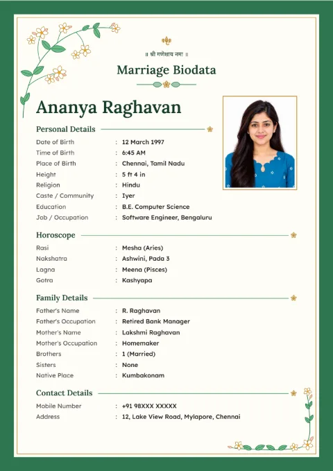 Jasmine Sprig floral and South Indian marriage biodata design in Emerald Gold, with a photo