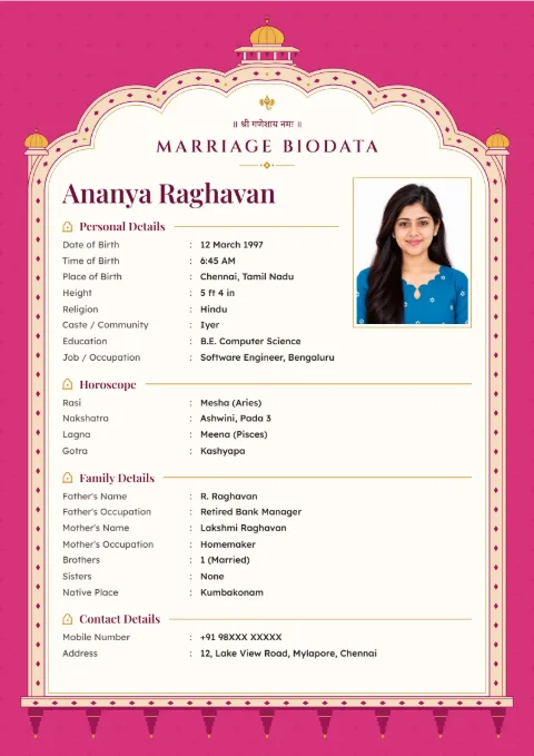 Jharokha Window marriage biodata design in Jaipur Pink, with a photo