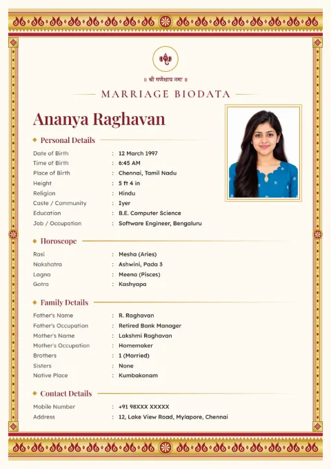 Kasavu Gold South Indian marriage biodata design in Kumkum Red, with a photo