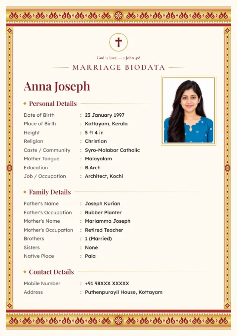 Kasavu Gold South Indian marriage biodata design in Kumkum Red, for Christian families, with a photo