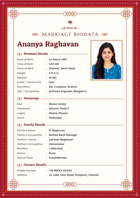 Kolam Dots South Indian marriage biodata design in Kumkum Turmeric, with a photo