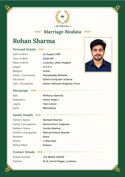 Laurel Crest marriage biodata design in Bottle Green Gold, with a photo