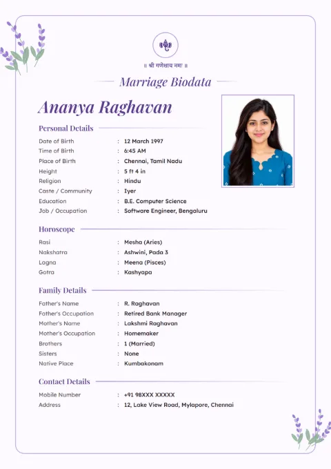 Lavender Bloom floral marriage biodata design in Lavender, with a photo