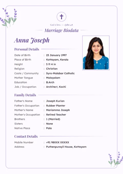 Lavender Bloom floral marriage biodata design in Lavender, for Christian families, with a photo
