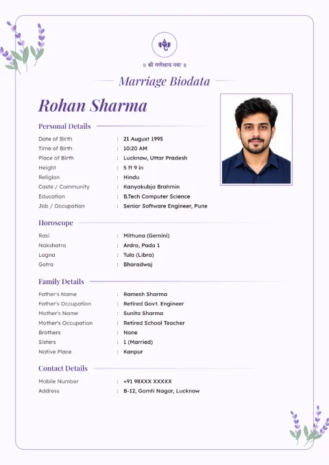 Lavender Bloom floral marriage biodata design in Lavender, with a photo