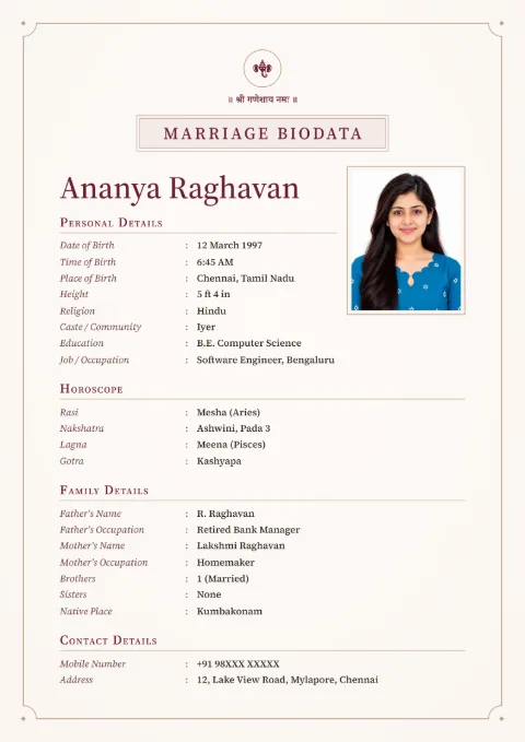 Linen Classic marriage biodata design in Claret, with a photo