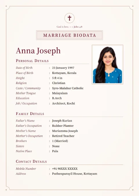 Linen Classic marriage biodata design in Claret, for Christian families, with a photo