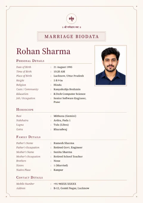 Linen Classic marriage biodata design in Claret, with a photo