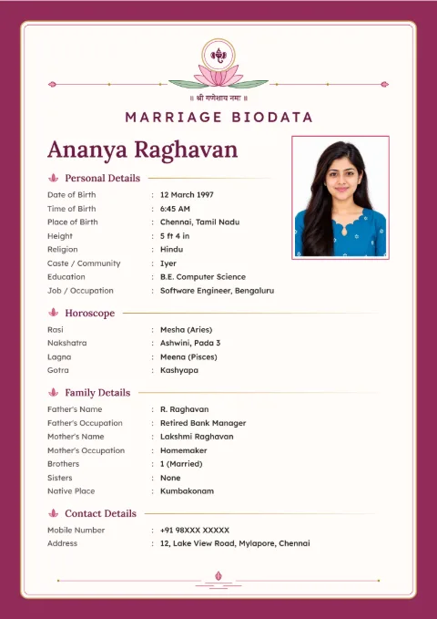 Lotus Crest marriage biodata design in Rose Plum, with a photo