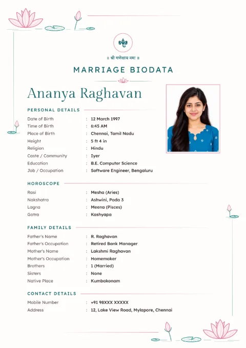 Lotus Line floral marriage biodata design in Teal Blush, with a photo
