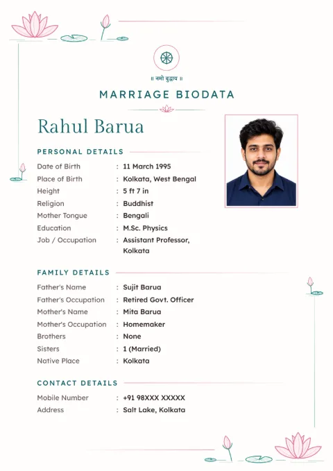 Lotus Line floral marriage biodata design in Teal Blush, for Buddhist families, with a photo