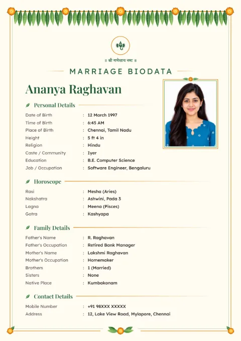 Mango Leaf South Indian and floral marriage biodata design in Leaf Green, with a photo