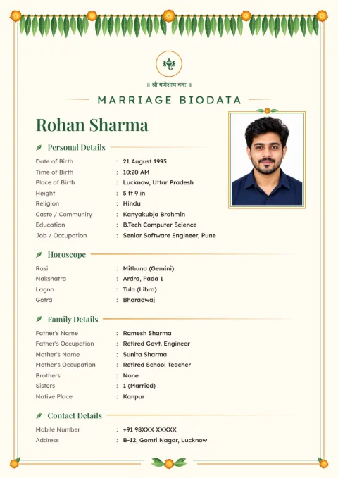 Mango Leaf South Indian and floral marriage biodata design in Leaf Green, with a photo