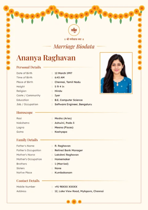 Marigold Toran floral marriage biodata design in Saffron, with a photo