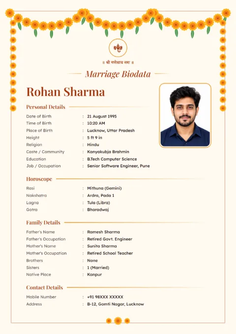 Marigold Toran marriage biodata design
