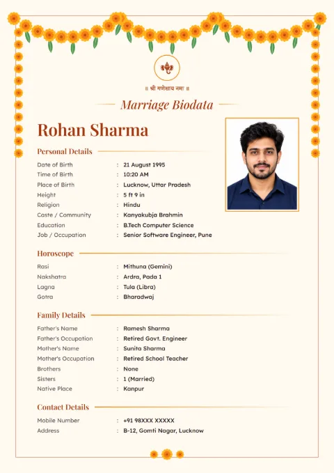 Marigold Toran floral marriage biodata design in Saffron, with a photo